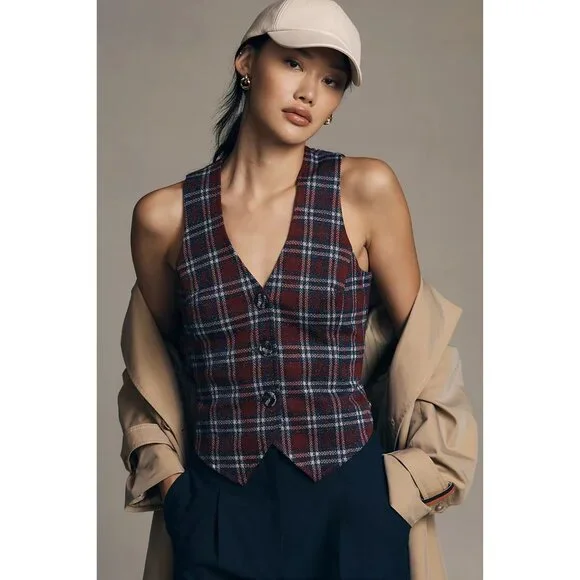 Anthropologie Plaid Vest with Buttons and Back Belt in Navy by Eva Franco - Picture 1 of 4